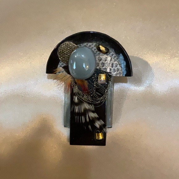 Unique Black and Gray Brooch with Feather Accents - Picture 2 of 2